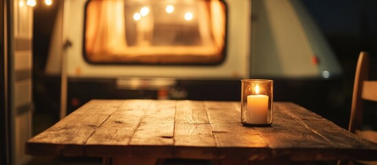 Cozy wooden table beside a candlelit caravan inviting tranquil moments under the night sky with space for your message.