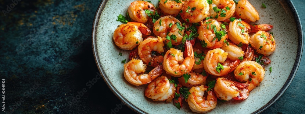 Poster fried shrimp served on a decorative plate with parsley on a dark tabletop creating ample space for t