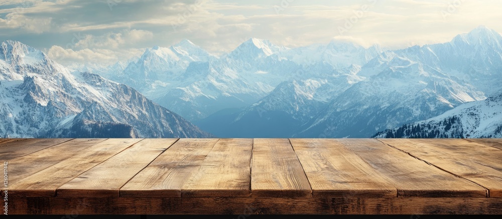 Poster scenic wooden table in an empty space with a breathtaking mountain backdrop and ample room for text 