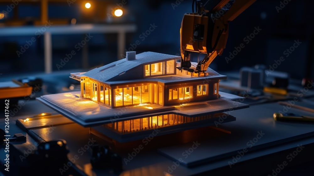 Poster a detailed miniature house model illuminated at night, showcasing architectural design with a roboti