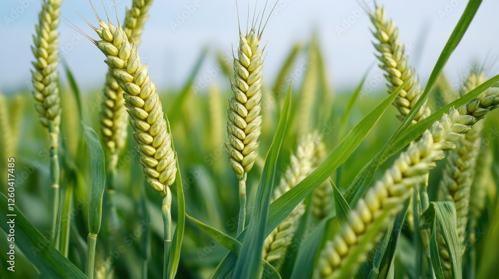 Poster lush wheat field under clear blue sky with ample copyspace for text display