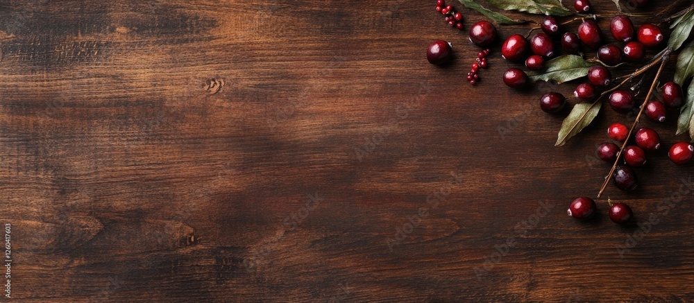 Poster rustic wooden table adorned with fresh cranberries and greenery featuring ample negative space for c