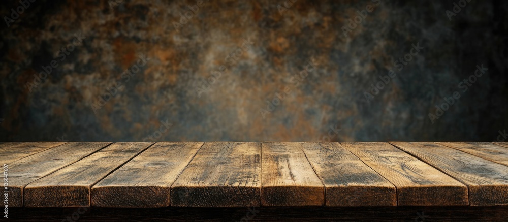 Poster wooden table on textured wall background ideal for placement of text or product with ample empty spa