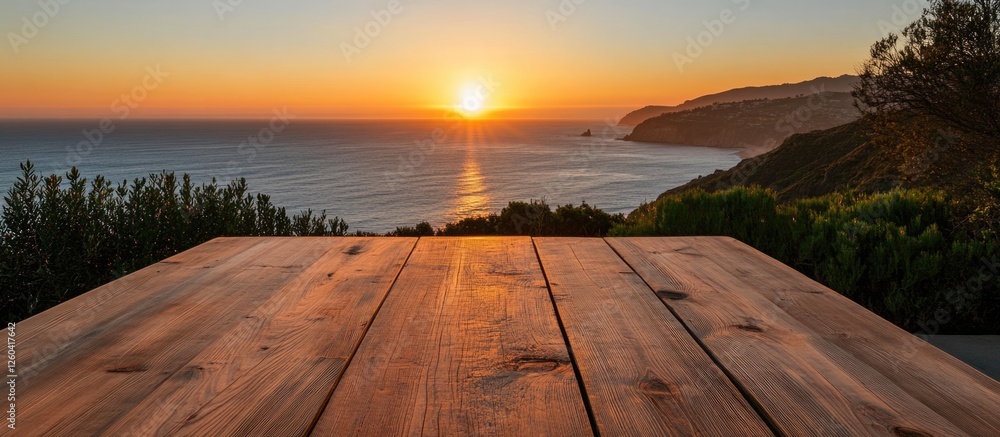 Poster serene wooden table with ocean sunset view blank space for text inviting tranquility and relaxation 