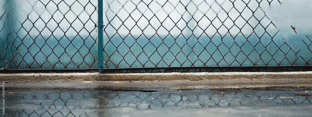 Poster wet fence panels reflecting rainwater with empty space for text and background scenery