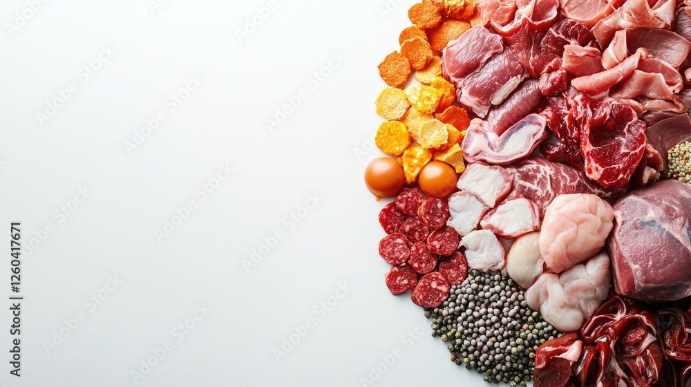 Poster colorful assortment of meats and fats arranged in a circular pattern on white background with empty 