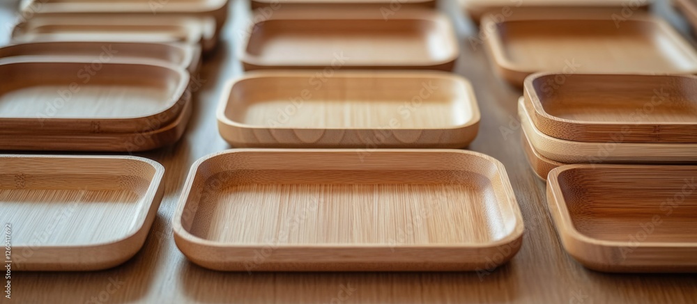 Poster wooden trays and plates arranged for cafeteria display with minimalistic design and space for promot