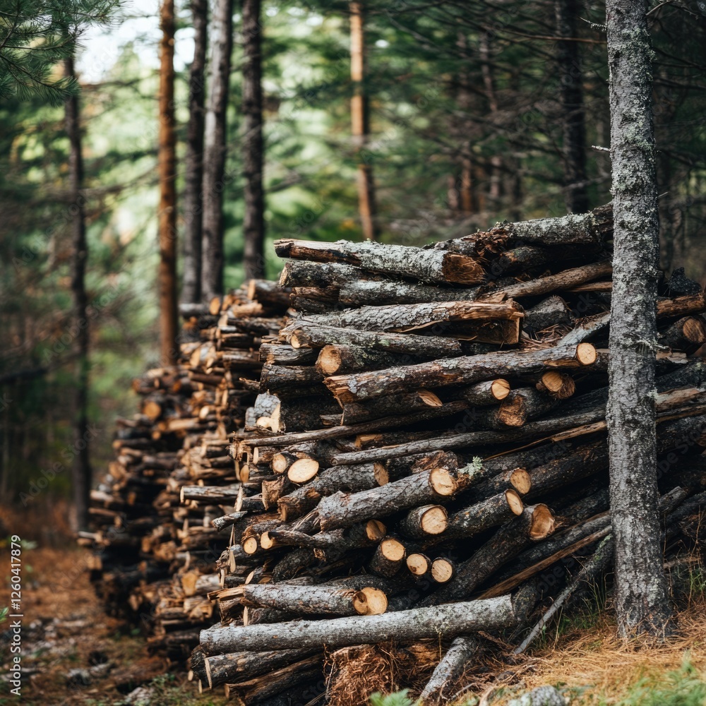 Poster stacked logs in a serene forest setting showcasing nature's timber with ample space for text and des