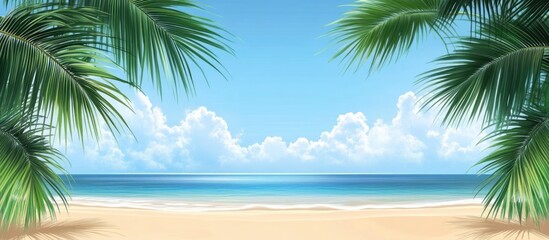 Fototapeta premium Tropical beach scene with palm leaves and clear sky perfect for summer vacation banners or promotional material. Space for text included.