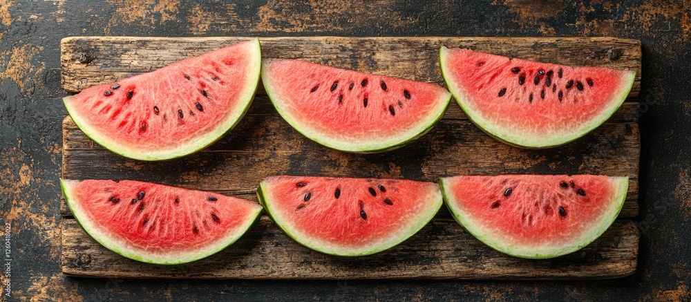 Poster watermelon slices arranged on a rustic wooden table with vintage effect featuring ample empty space 
