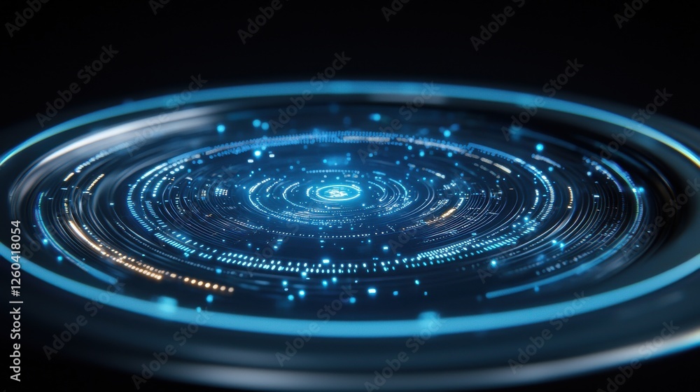 Poster a mesmerizing digital representation of a glowing, circular interface, showcasing intricate patterns