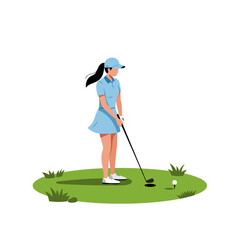 Woman Golfer Putting Ball Into Hole Illustration on Green Course
