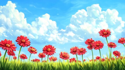 Vibrant red flowers blooming in a sunny field under a clear blue sky with fluffy clouds and space for text overlay