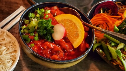 asian hakkak curry chicken stir fry copped green onions slice of orange