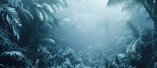 Misty Winter Rainforest Landscape with Lush Greenery and Space for Text or Overlay