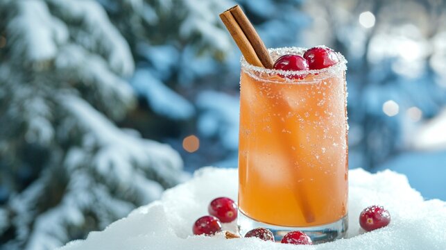 A Christmas-inspired twist on strawberry basil lemonade, served with cinnamon sticks and sugared cranberries, against a wintery backdrop
