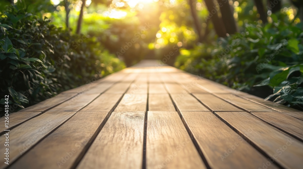 Aufkleber wooden pathway in lush garden captured from low angle with soft sunlight and empty space for text