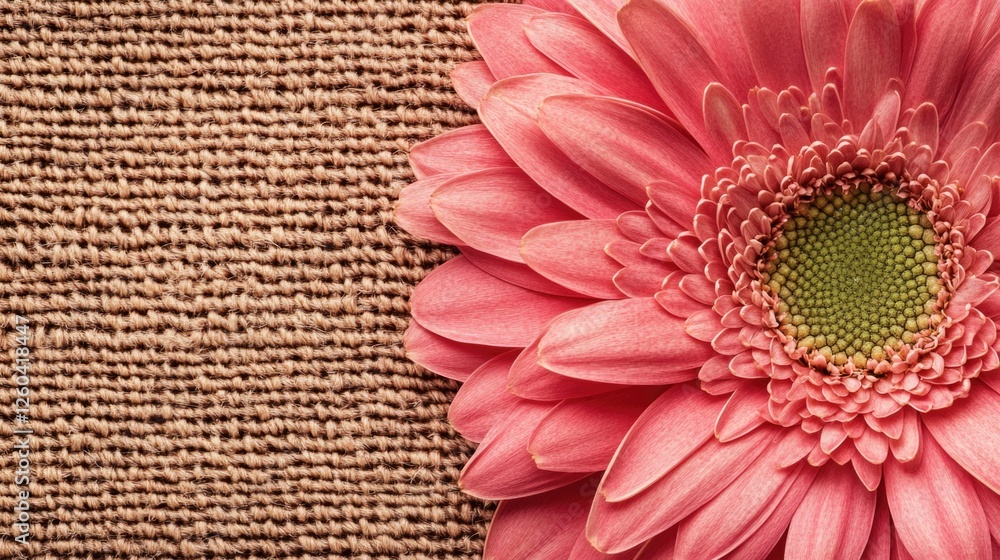 Poster vibrant pink gerbera daisy on textured jute background with ample empty space for text and design el