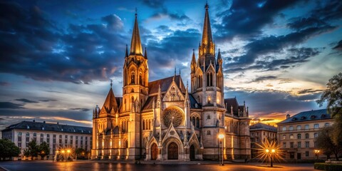 Fototapeta premium Gothic St. Elisabeth Church in Vienna, bathed in the dark drama of night, a stunning Austrian landmark.