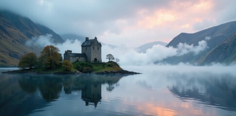 Misty weather over Loch Duich with Eilean Donan Castle, loch, water, mist