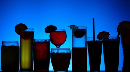 Row of various drinks on blue background