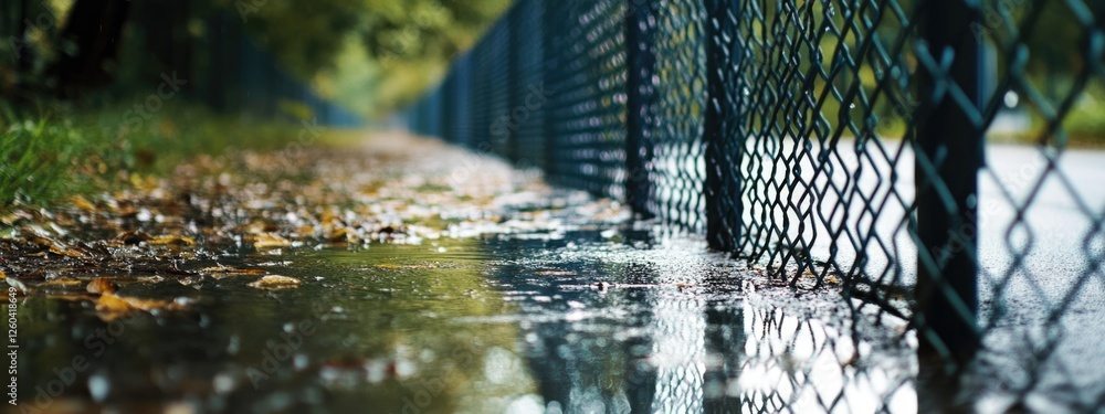 Aufkleber wet overlapping fence panels surrounded by rainwater and autumn leaves with empty space for text