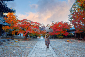 Japanese Woman in  Traditional Kimono Dress at Shinnyodo or Shinshogokurakuji temple with beautiful...