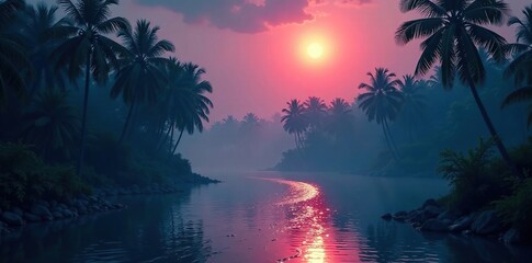 A winding river flows gently through a misty tropical forest under a bright moon, flowing, evening, winding