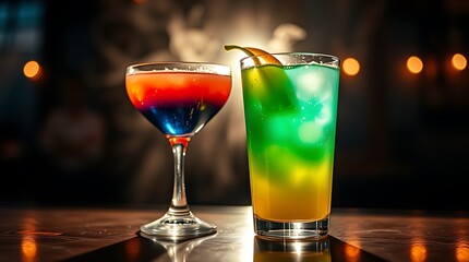 Close up shot of two Colorful Cocktails on Bar