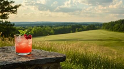 A countryside setting with a glass of strawberry basil lemonade on a stone ledge, overlooking a vast green field