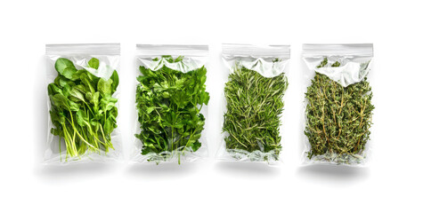 A set of freshly packed organic herbs in clear plastic containers