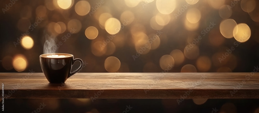 Poster cozy coffee cup on a wooden table with a soft bokeh background and ample space for text or branding 