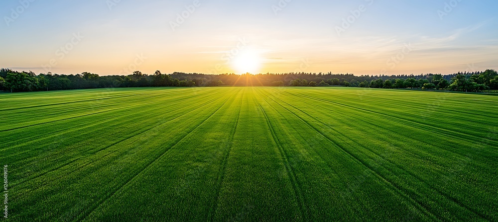 Poster sun sets over a vast green field with trees