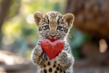 Obraz premium Leopard - my cherished animal. Cute leopard baby with sparkling rhinestones red heart on in a natural habitat. Ad animal graphic image design. Wild creatures expressing love. Loving animals.