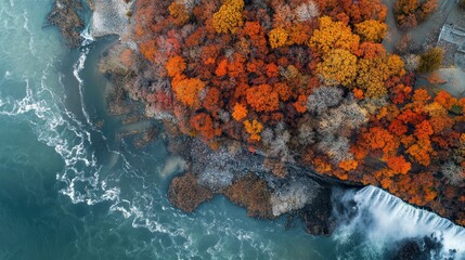 Autumnal forest, waterfall edge, aerial view, fall colors