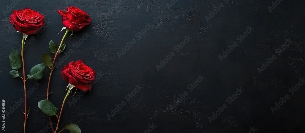 Poster elegant red roses on a dark background creating a romantic atmosphere with space for personalized te