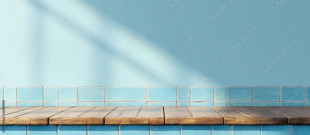 Poster wooden table by the swimming pool with a minimalist background ideal for adding text or promotional 