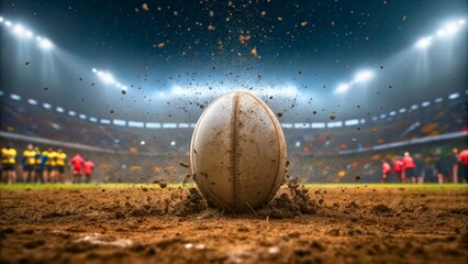 Close-Up of Rugby Ball on Ground with Dust Particles and Foggy Stadium in Background