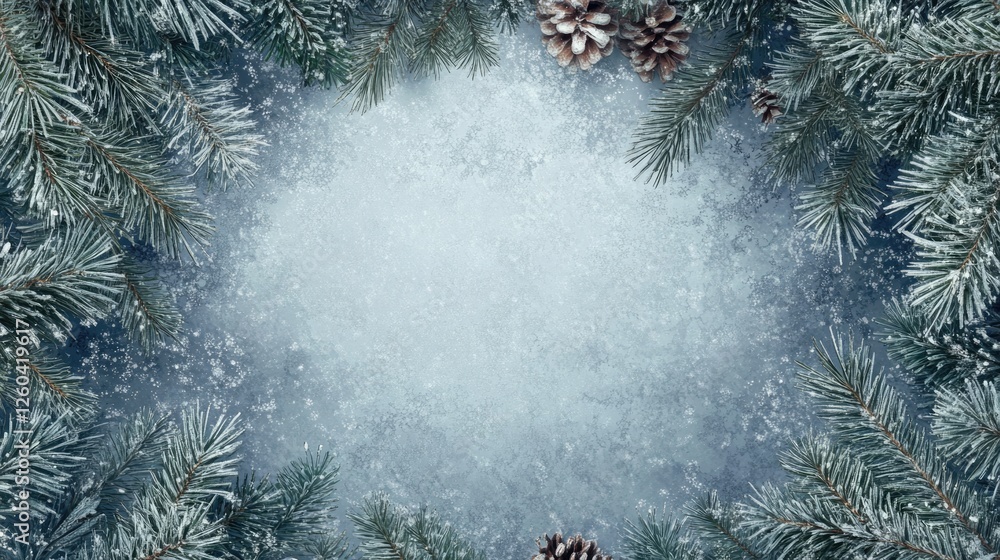 Poster frosted pine branches and pinecones creating a winter wonderland frame with blank space for text or 