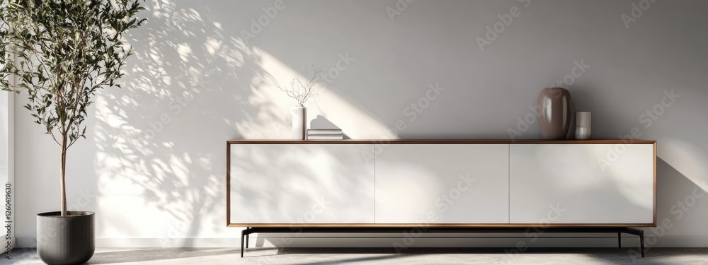 Poster modern white dining room corner featuring a sideboard and minimalist decor with empty space for cust