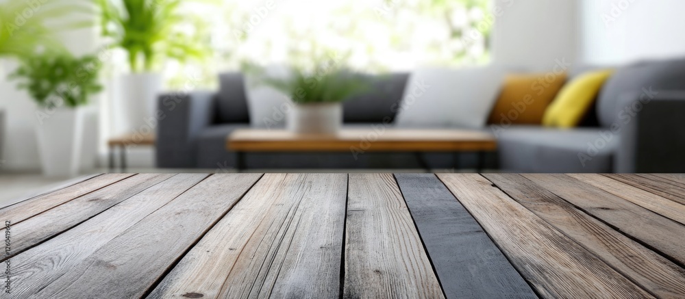 Poster wooden tabletop with a blurred living room background creating an empty space for text and design pu