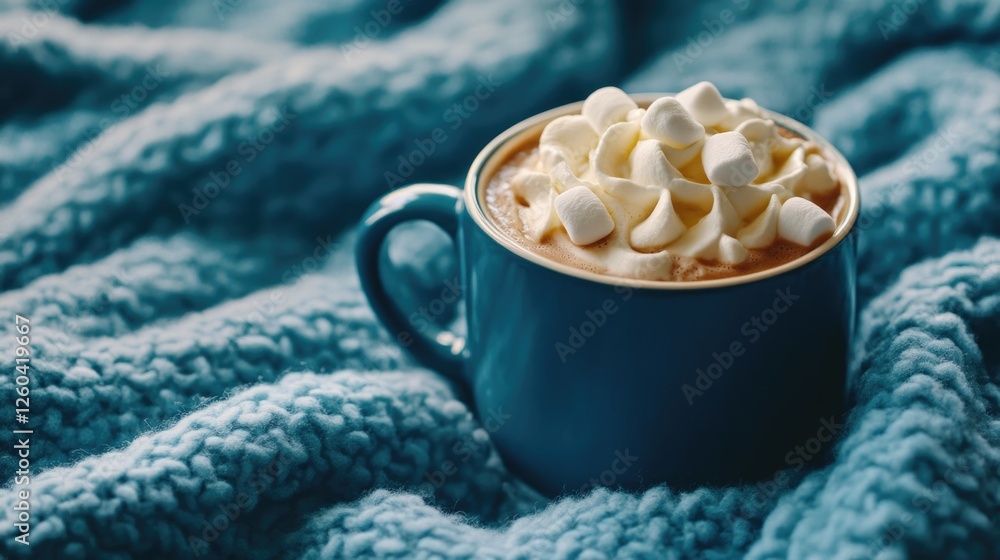 Aufkleber cozy hot cocoa mug with whipped cream and marshmallows resting on a soft warm blanket in a serene in