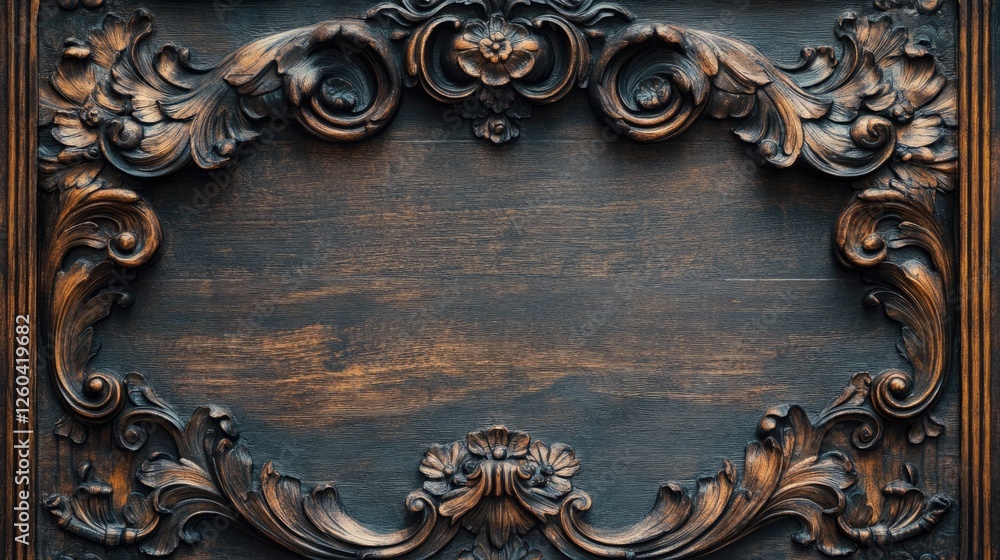 Poster elegant vintage stained wood panel backdrop with ornate carvings and ample empty space for text or d