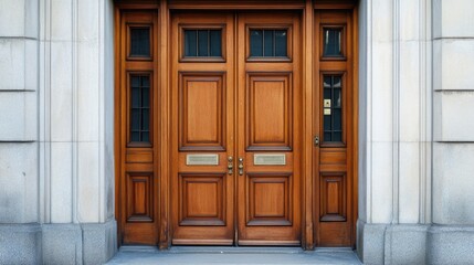 Fototapeta premium Elegant Vintage Wooden Door with Distinctive Panels and Clear Copy Space for Text on Urban Street