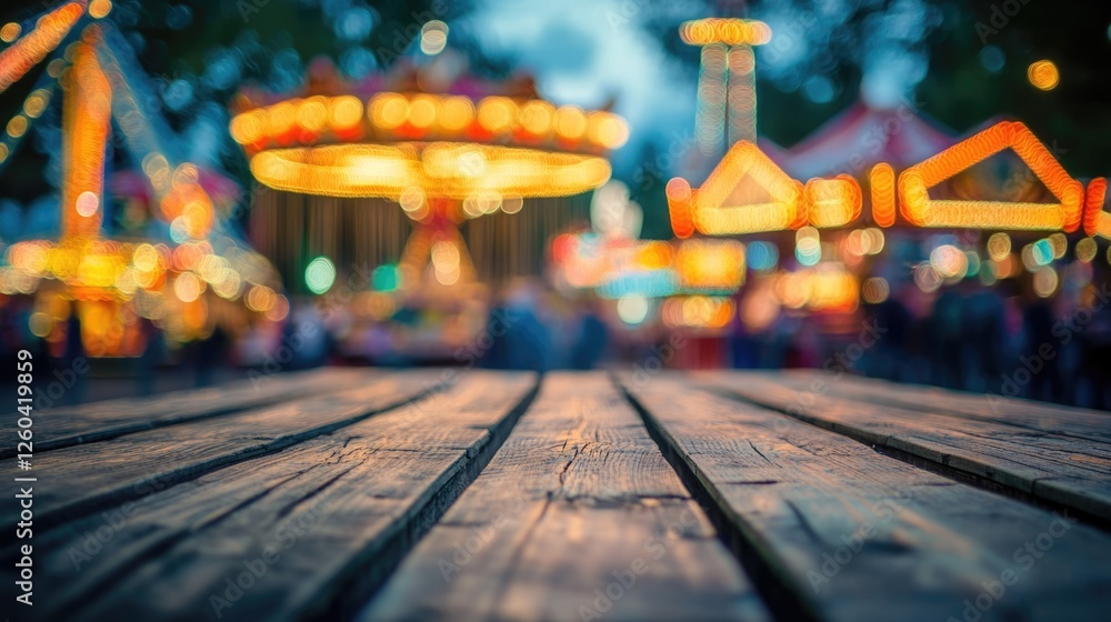 Poster wooden table perspective with blurred carnival lights in the background providing ample empty space 