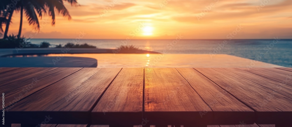 Poster wooden tables by a serene pool at sunset creating an inviting atmosphere with ample space for overla