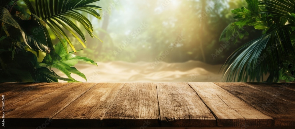 Poster wooden tabletop with tropical foliage and soft sunlight creating a perfect backdrop for product plac