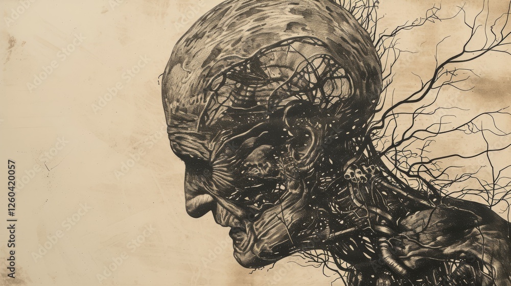 Poster a surreal depiction of a human figure blending anatomical elements with organic, branching forms. th