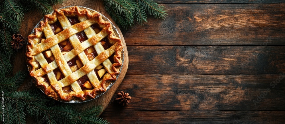 Poster rustic wooden table with apple pie surrounded by fir branches creating a cozy atmosphere ideal for s