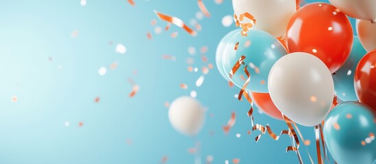 Celebratory scene with colorful balloons and ribbons conveying excitement for successful product launch and new releases with copy space